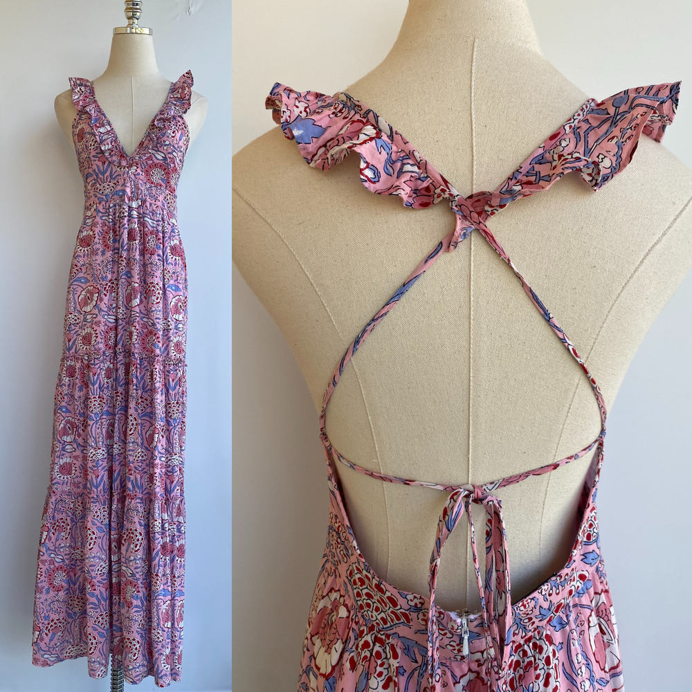 MADISON MATHEWS Floral Open Back 100% Cotton Tiered Lined Maxi Dress sz XS